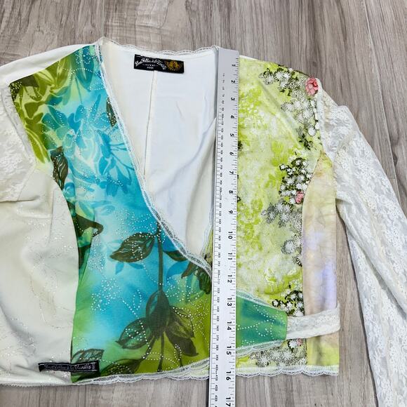 VTG Des Filles à la Vanille Paris Wrap Lace Top Blue Green Floral Sheer Y2K Boho - Picture 9 of 13